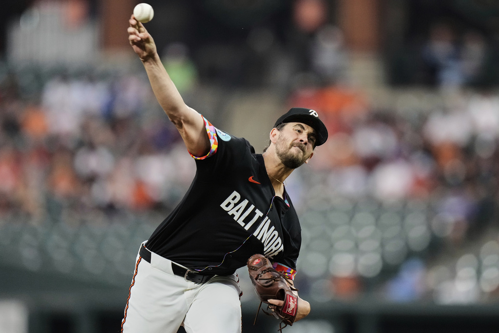 Baltimore Orioles starting pitcher Dean Kremer delivers during the first inning of a baseball game against the Los Angeles Dodgers, Friday, Sept. 5, 2025, in Baltimore. (AP Photo/Stephanie Scarbrough)