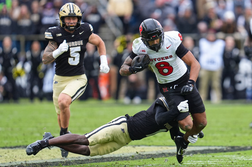 Rutgers wide receiver Kj Duff (8) is tackled by Purdue defensive back Smiley Bradford (1) during the second half of an NCAA college football game in West Lafayette, Ind., Saturday, Oct. 25, 2025. (AP Photo/Michael Conroy) Rutgers wide receiver Kj Duff (8) is tackled by Purdue defensive back Smiley Bradford (1) during the second half of an NCAA college football game in West Lafayette, Ind., Saturday, Oct. 25, 2025. (AP Photo/Michael Conroy)