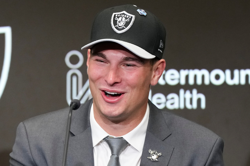 Las Vegas Raiders first-round draft pick Fernando Mendoza speaks during an NFL football news conference Friday, April 24, 2026, in Henderson, Nev. (AP Photo/Candice Ward)