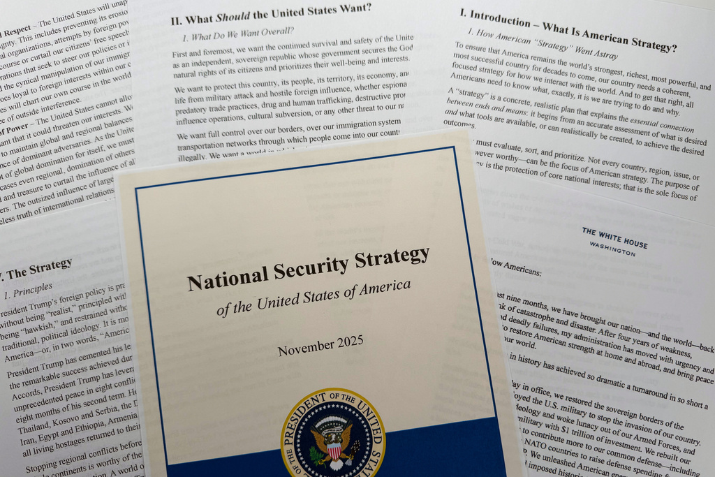 The National Security Strategy, released in November 2025, is photographed Wednesday, Dec. 10, 2025. (AP Photo/Jon Elswick)