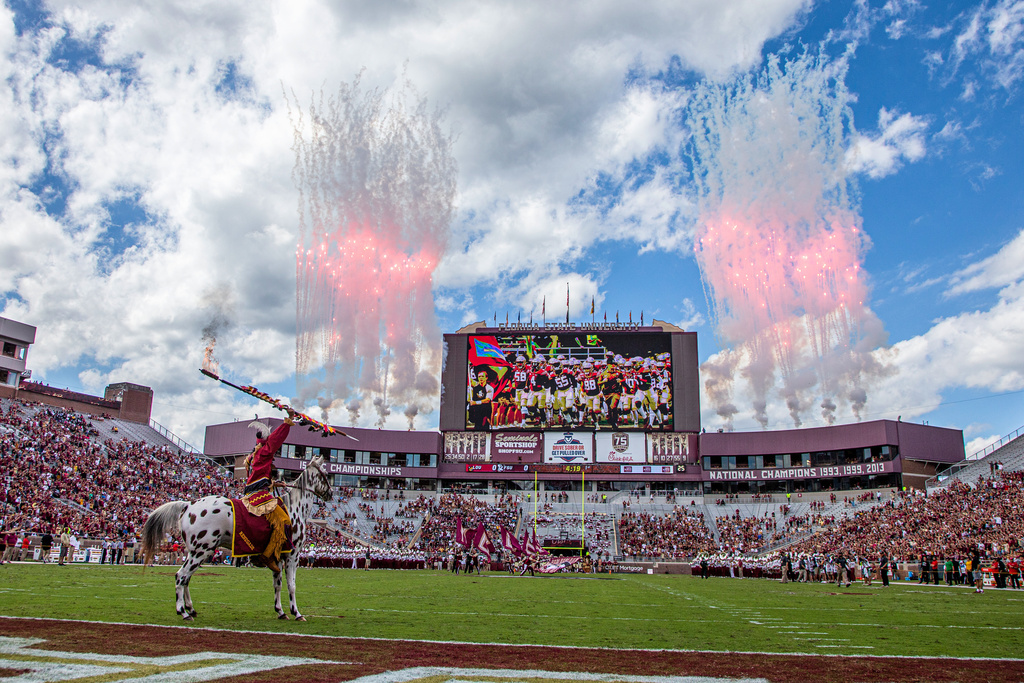 FILE - Florida State mascot Osceola atop Renegade waits as Florida State takes the field against Louisville for an NCAA college football game in Tallahassee, Fla., Saturday, Sept. 25, 2021. (AP Photo/Mark Wallheiser, File)