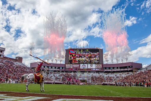 FILE - Florida State mascot Osceola atop Renegade waits as Florida State takes the field against Louisville for an NCAA college football game in Tallahassee, Fla., Saturday, Sept. 25, 2021. (AP Photo/Mark Wallheiser, File) FILE - Florida State mascot Osceola atop Renegade waits as Florida State takes the field against Louisville for an NCAA college football game in Tallahassee, Fla., Saturday, Sept. 25, 2021. (AP Photo/Mark Wallheiser, File)