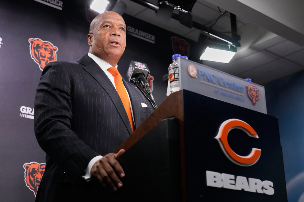 Chicago Bears President and CEO Kevin Warren addresses the team's ongoing stadium plans during a news conference Thursday, Aug. 13, 2026, in Lake Forest, Ill. (AP Photo/Nam Y. Huh)