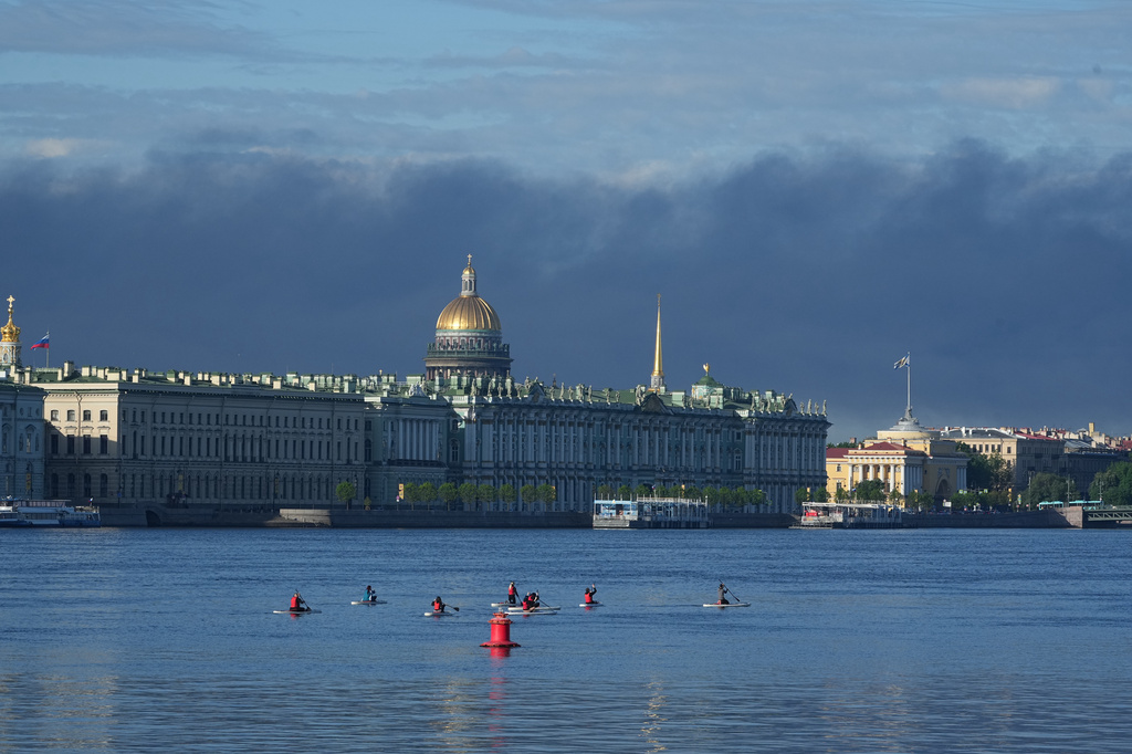 Plumes of black smoke are seen over St.Petersburg, Russia, Wednesday, June 3, 2026, after a Ukrainian drone attack. (AP Photo)
