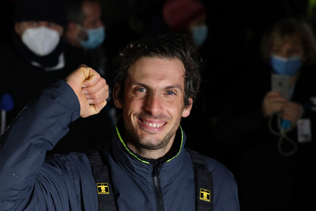 FILE - French yachtman Charlie Dalin clenches his fist in Les Sables-d'Olonne, western France, on Jan. 27, 2021. (AP Photo/Yohan Bonnet, File)
