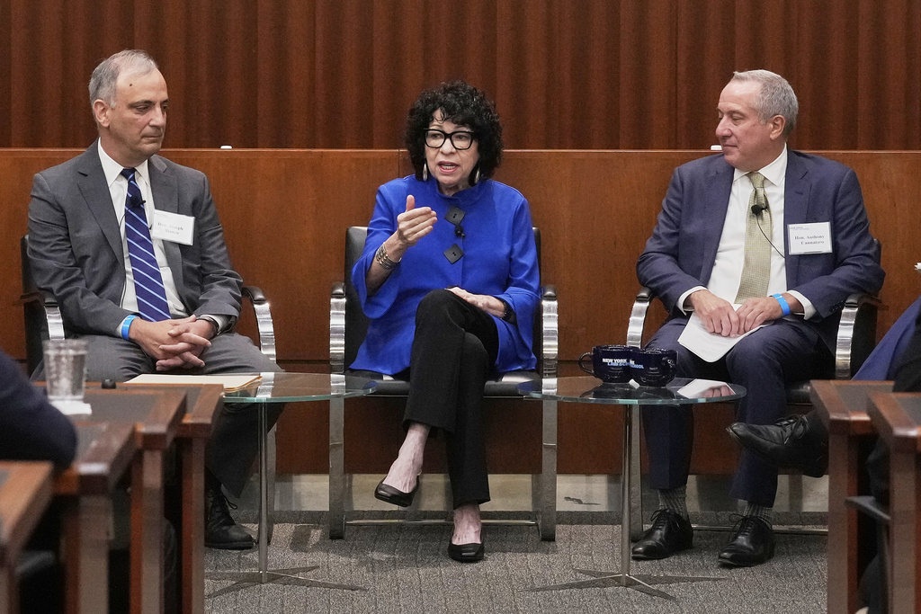 Supreme Court Justice Sonia Sotomayor speaks at the New York Law School's Constitution and Citizen Day Summit, flanked by Judge Joseph Blanco, left, and Judge Anthony Cannataro, right, in New York, Tuesday, Sept. 16, 2025. (AP Photo/Richard Drew)