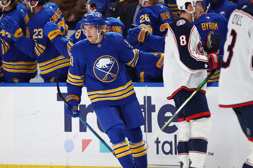 Buffalo Sabres right wing Josh Doan (91) celebrates his goal during the second period of an NHL hockey game against the Columbus Blue Jackets Tuesday, Oct. 28, 2025, in Buffalo, N.Y. (AP Photo/Jeffrey T. Barnes) Buffalo Sabres right wing Josh Doan (91) celebrates his goal during the second period of an NHL hockey game against the Columbus Blue Jackets Tuesday, Oct. 28, 2025, in Buffalo, N.Y. (AP Photo/Jeffrey T. Barnes)