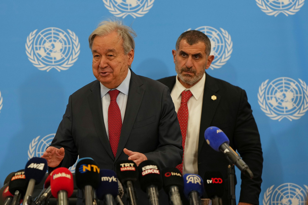 United Nations Secretary-General Antonio Guterres arrives for a news conference after his join meeting with Turkish Cypriot Leader Tufan Erhurman and Cyprus President Nikos Christodoulides at a U.N. compound in the Nicosia airport area, inside the United Nations-controlled buffer zone in the divided capital of Nicosia, Cyprus, Wednesday, July 29, 2026. (AP Photo/Petros Karadjias )