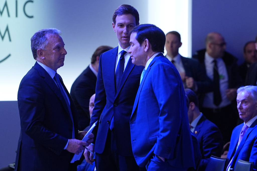From left, United States Mideast envoy Steve Witkoff, Jared Kushner and United States Secretary of State Marco Rubio prior to a Board of Peace charter announcement during the Annual Meeting of the World Economic Forum in Davos, Switzerland, Thursday, Jan. 22, 2026. (AP Photo/Evan Vucci)