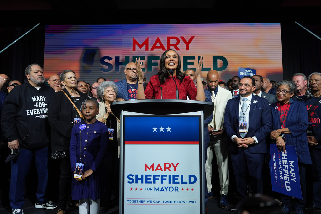City Council President Mary Sheffield speaks during an election night watch party after winning the mayoral race on Tuesday, Nov. 4, 2025, in Detroit. (AP Photo/Paul Sancya)