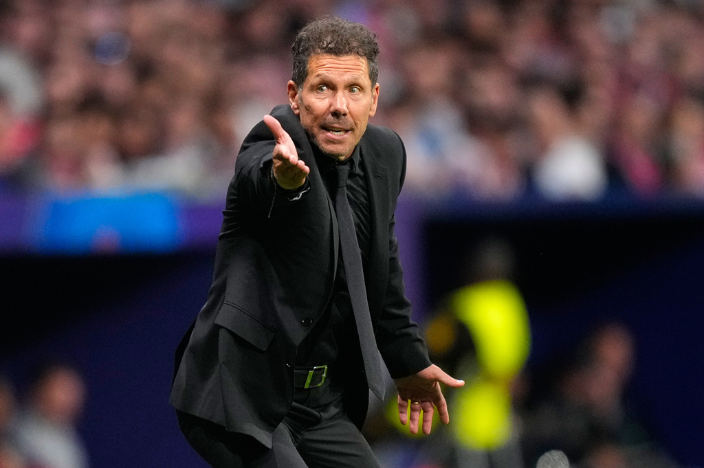 Atletico Madrid's head coach Diego Simeone gestures from the touchline during a Champions League semifinal, first leg, soccer match between Atletico Madrid and Arsenal in Madrid, Spain, Wednesday, April 29, 2026. (AP Photo/Jose Breton)