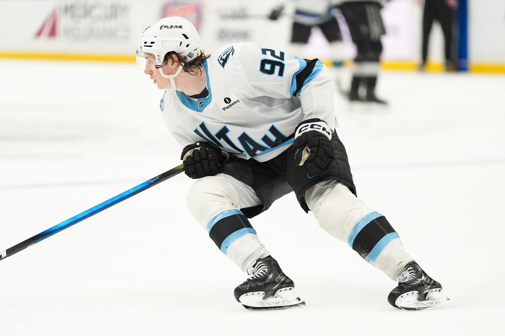 Utah Mammoth center Logan Cooley (92) skates during the third period of an NHL hockey game against the Los Angeles Kings Saturday, March 28, 2026, in Los Angeles. (AP Photo/Jae C. Hong)