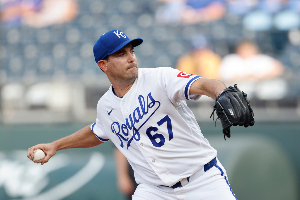 Kansas City Royals pitcher Seth Lugo delivers to a Tampa Bay Rays batter during the first inning of a baseball game in Kansas City, Mo., Wednesday, July 1, 2026. (AP Photo/Colin E. Braley)