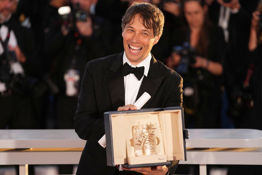 FILE - Sean Baker, winner of the Palme d'Or for the film "Anora," appears at the 77th international film festival, Cannes, southern France, on May 25, 2024. (Photo by Scott A Garfitt/Invision/AP, File)