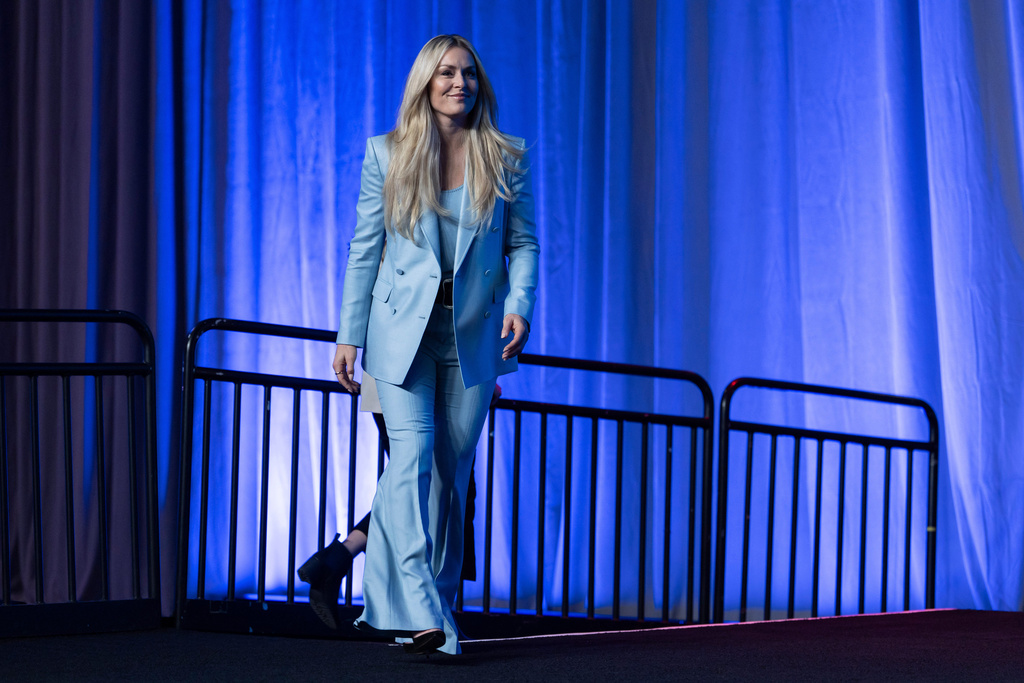 U.S. alpine skier Lindsey Vonn speaks arrives at a news conference during Team USA Media Summit, on Tuesday, Oct. 28, 2025, in New York. (AP Photo/Yuki Iwamura)