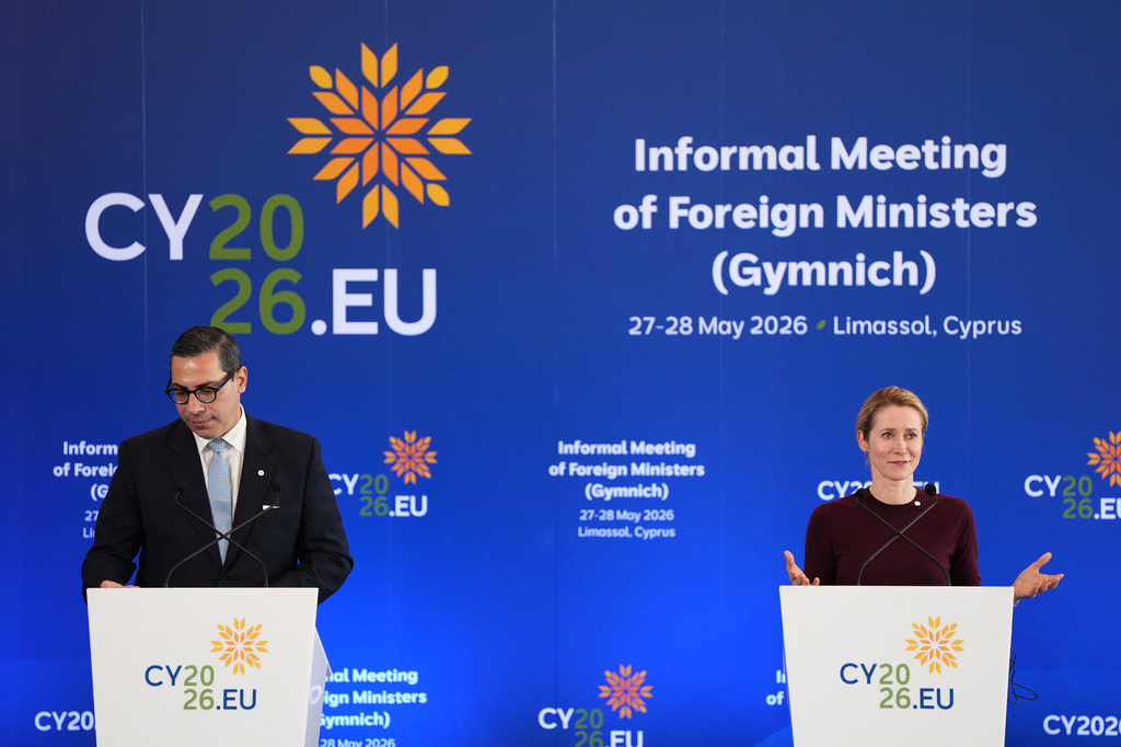 European Union foreign policy chief Kaja Kallas, right, and Cypriot Foreign Minister Constantinos Kombos talk to the media after the Informal meeting of EU Foreign ministers, in the port city of Limassol, Cyprus, Thursday, May 28, 2026. (AP Photo/Petros Karadjias)