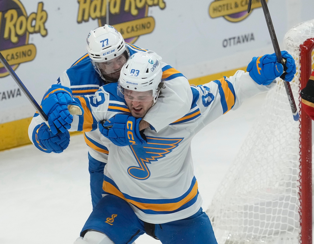 St. Louis Blues center Mason McTavish (83) celebrates his goal with teammate left wing Connor McMichael (77) during second period NHL action in Ottawa, Ontario, Tuesday, Oct. 13, 2026. (Adrian Wyld/The Canadian Press via AP)