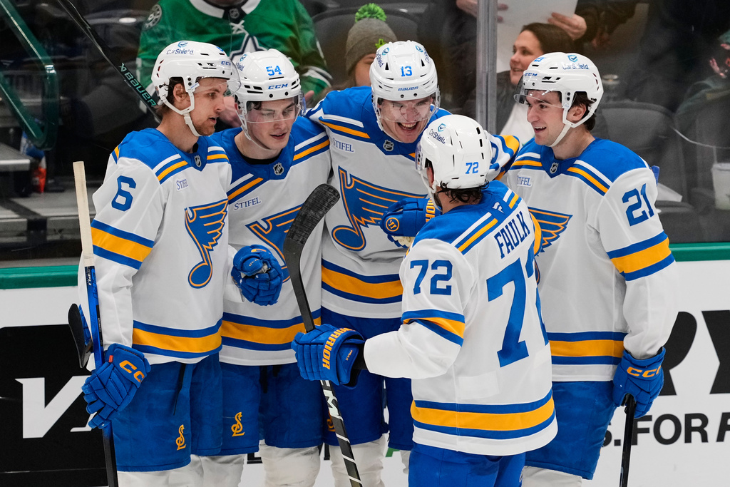St. Louis Blues' Philip Broberg (6), Dalibor Dvorsky (54), Alexey Toropchenko (13) Justin Faulk (72) and Jimmy Snuggerud (21) celebrate Toropchenko's goal in the third period of an NHL hockey game against the Dallas Stars Wednesday, Feb. 4, 2026, in Dallas. (AP Photo/Tony Gutierrez)