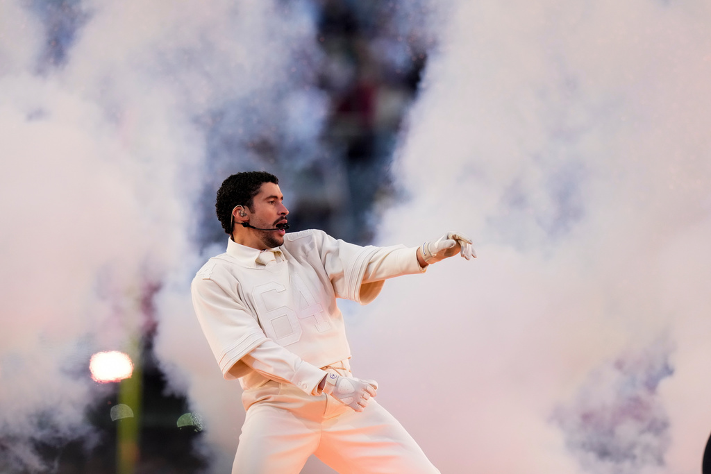 Bad Bunny performs during halftime of the NFL Super Bowl 60 football game between the New England Patriots and the Seattle Seahawks, Sunday, Feb. 8, 2026, in Santa Clara, Calif. (AP Photo/Lynne Sladky)