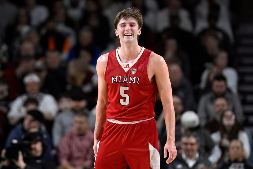 Miami Ohio guard Peter Suder (5) reacts in the second half of an NCAA college basketball game against UMass, Tuesday, Feb. 17, 2026, in Amherst, Mass. (AP Photo/Jessica Hill)