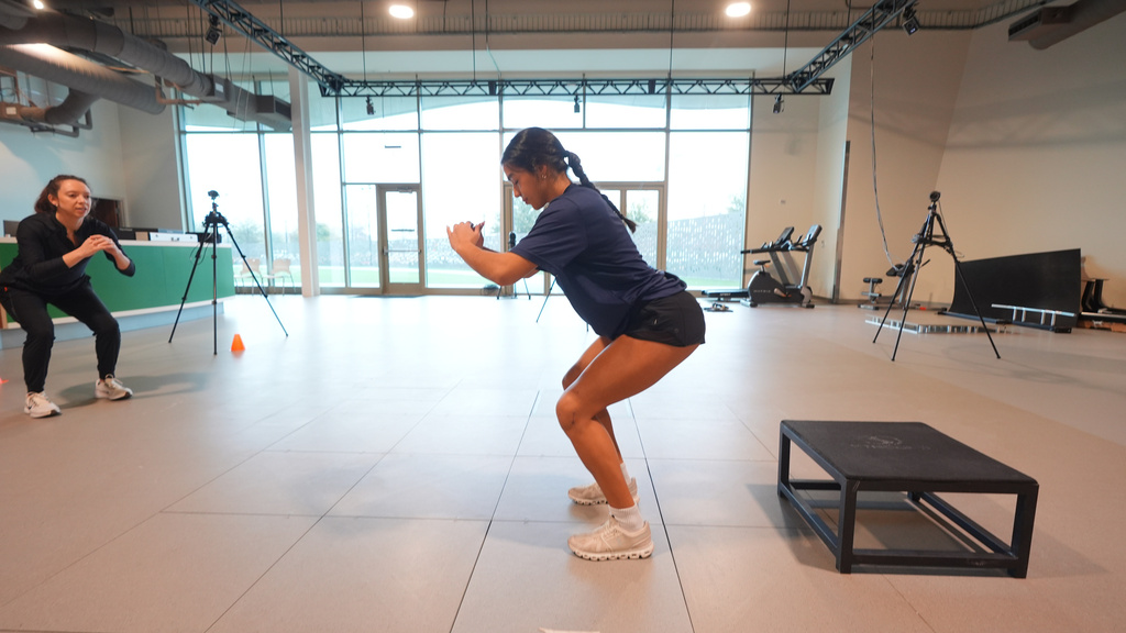 Plano East High School soccer player Sofia Tepichian, right, has her movement analyzed with help from sports biomechanics researcher Sophia Ulman at the Movement Science Laboratory at Scottish Rite for Children in Frisco, Texas, Jan. 22, 2026. (AP Photo/LM Otero)