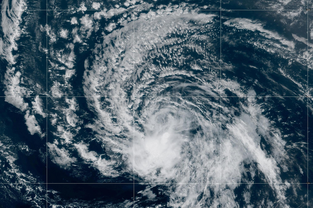 This satellite image released by NOAA shows Tropical Storm Dolly over the Atlantic Ocean, Thursday, Aug. 27, 2026. (NOAA via AP)
