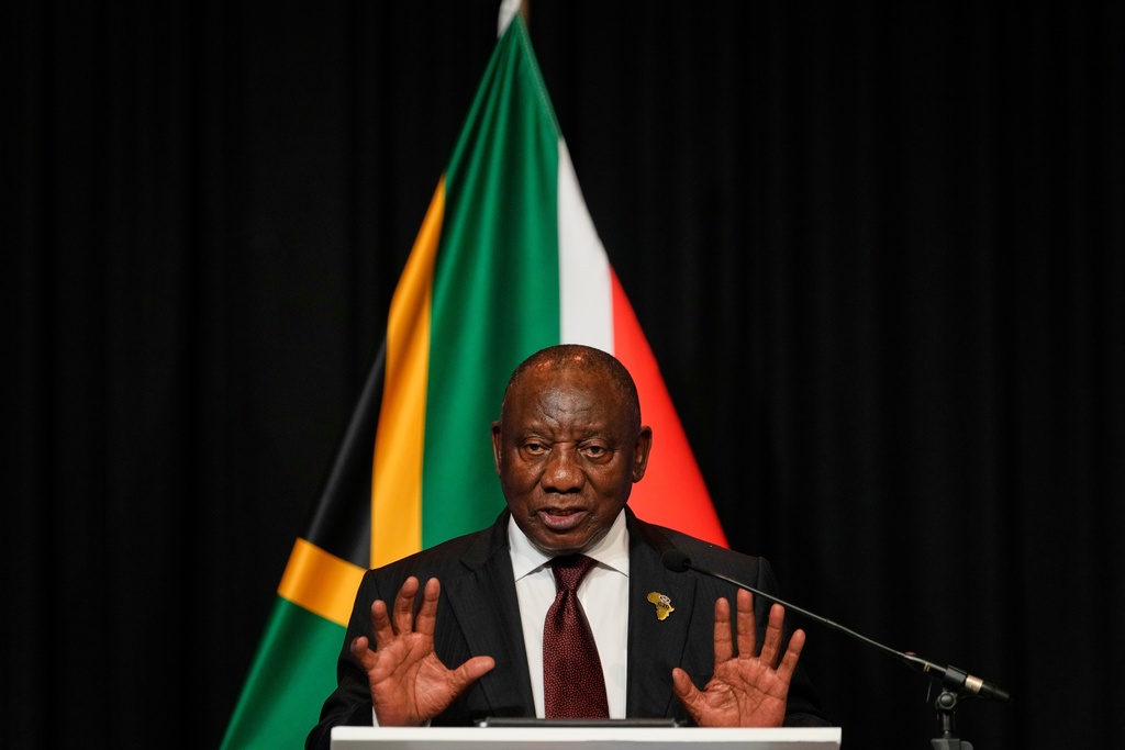 South African President Cyril Ramaphosa address the media with EU leaders in Johannesburg, South Africa, Thursday, Nov. 20, 2025. (AP Photo/Themba Hadebe)