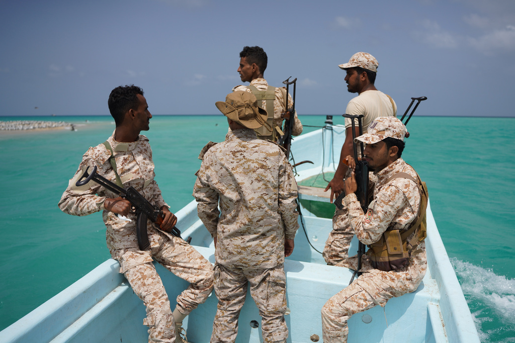Yemeni soldiers patrol the strategic Bab el-Mandeb Strait, Yemen, Sunday, April 5, 2026. (AP Photo/Abdulnasser Alseddik)