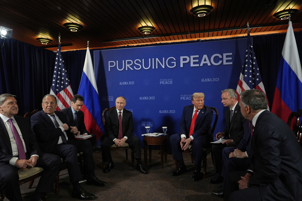 President Donald Trump meets with Russia's President Vladimir Putin Friday, Aug. 15, 2025, at Joint Base Elmendorf-Richardson, Alaska. (AP Photo/Julia Demaree Nikhinson)