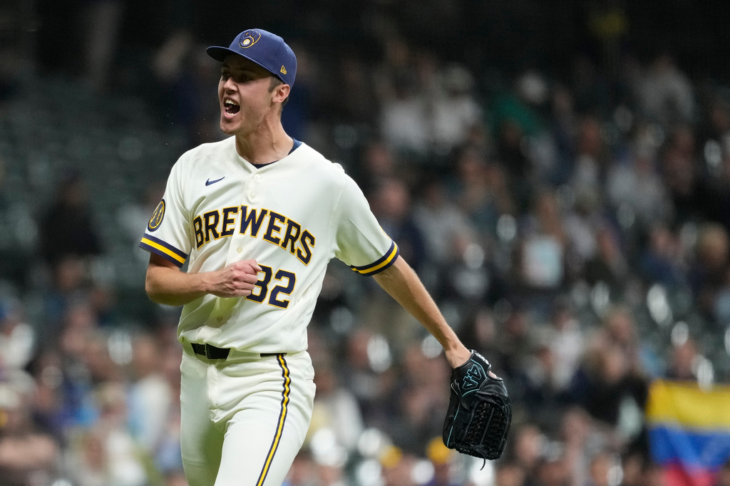 Milwaukee Brewers' Jacob Misiorowski reacts after striking out San Diego Padres' Nick Castellanos during the seventh inning of a baseball game, Wednesday, May 13, 2026, in Milwaukee. (AP Photo/Aaron Gash)