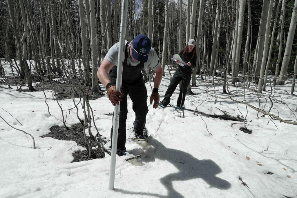Clinton Whitten and hydrologist Maureen Gutsch, back, measure snow, Monday, March 30, 2026, in Kremmling, Colo. (AP Photo/Brittany Peterson)