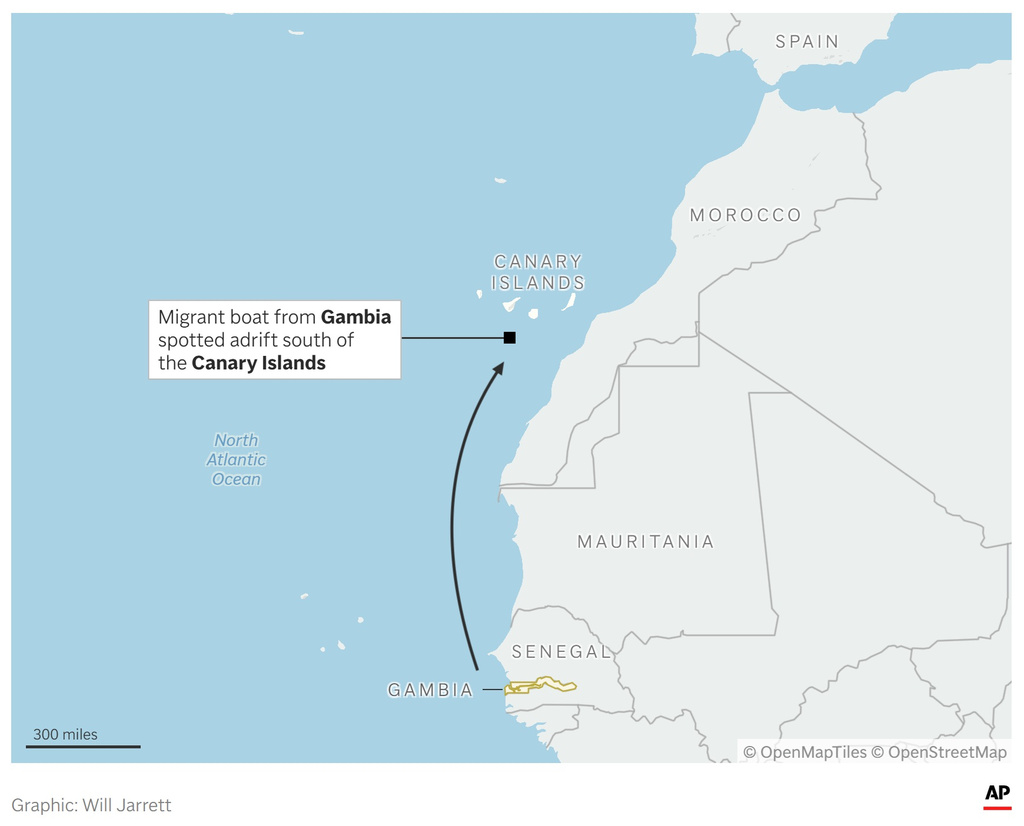 A map showing where a migrant boat from Gambia was spotted adrift. (AP Digital Embed)