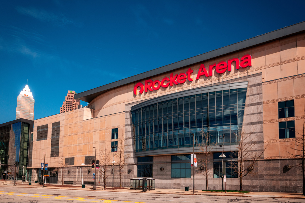 This undated image provided by Redfin shows the exterior of Rocket Arena, home of the NBA basketball team the Cleveland Cavaliers, in Cleveland, Ohio. (Cleveland Cavaliers/Redfin via AP)