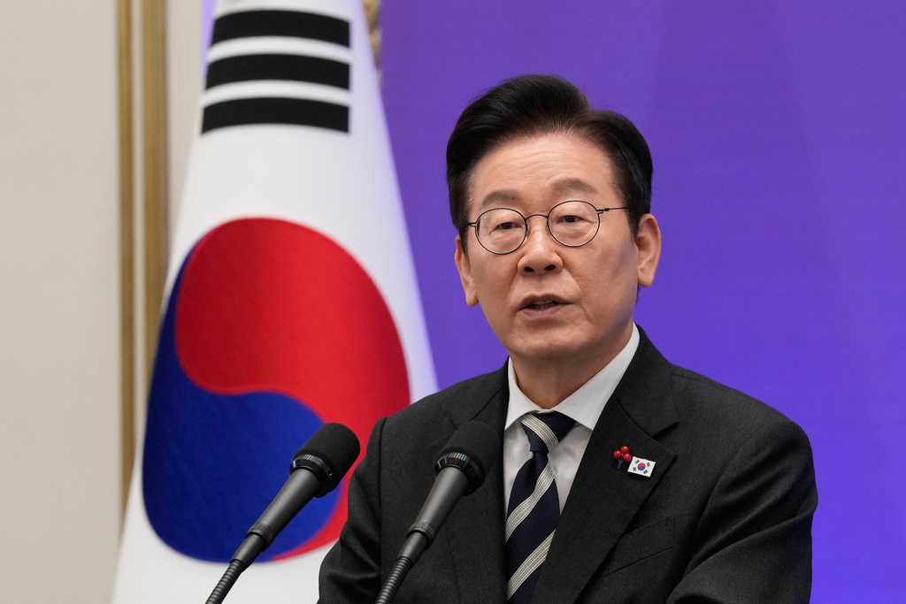 South Korean President Lee Jae Myung speaks during a news conference to mark the first anniversary of the Dec. 3 martial law crisis at the Blue House in Seoul, South Korea, Wednesday, Dec. 3, 2025. (AP Photo/Ahn Young-joon)