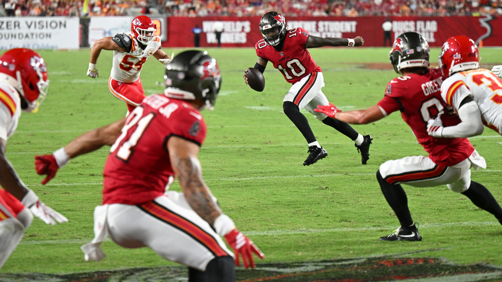 Tampa Bay Buccaneers' Jalon Daniels (10) runs against the Kansas City Chiefs in the second half of an NFL preseason football game, Saturday, Aug. 22, 2026, in Tampa, Fla. (AP Photo/Mark LoMoglio)