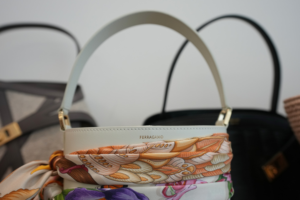 Bags are displayed during an interview with James Ferragamo, chief product officer for the Salvatore Ferragamo group, with Associated Press in Milan, Italy, Wednesday, April 22, 2026. (AP Photo/Antonio Calanni) CORRECTION: Corrects role to chief product officer instead of Men's and Women's Leather Product Director.