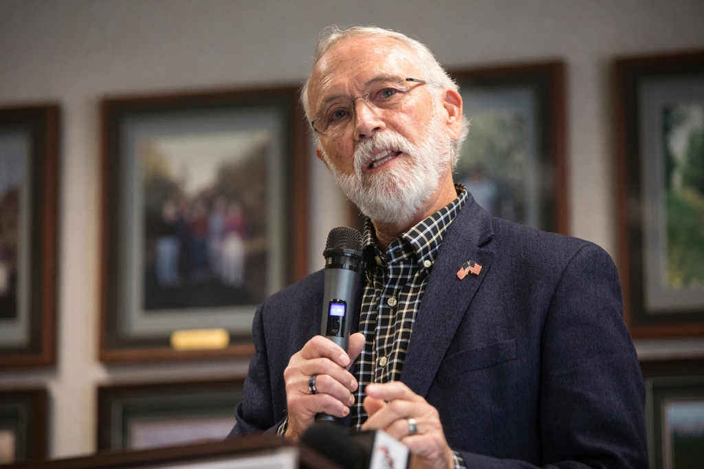 FILE - Rep. Dan Newhouse speaks to the press about the Farm Workforce Modernization Act at Washington's Fruit Place in Yakima, Wash., Wednesday, Nov. 2, 2022. (Emree Weaver/Yakima Herald-Republic via AP, File)
