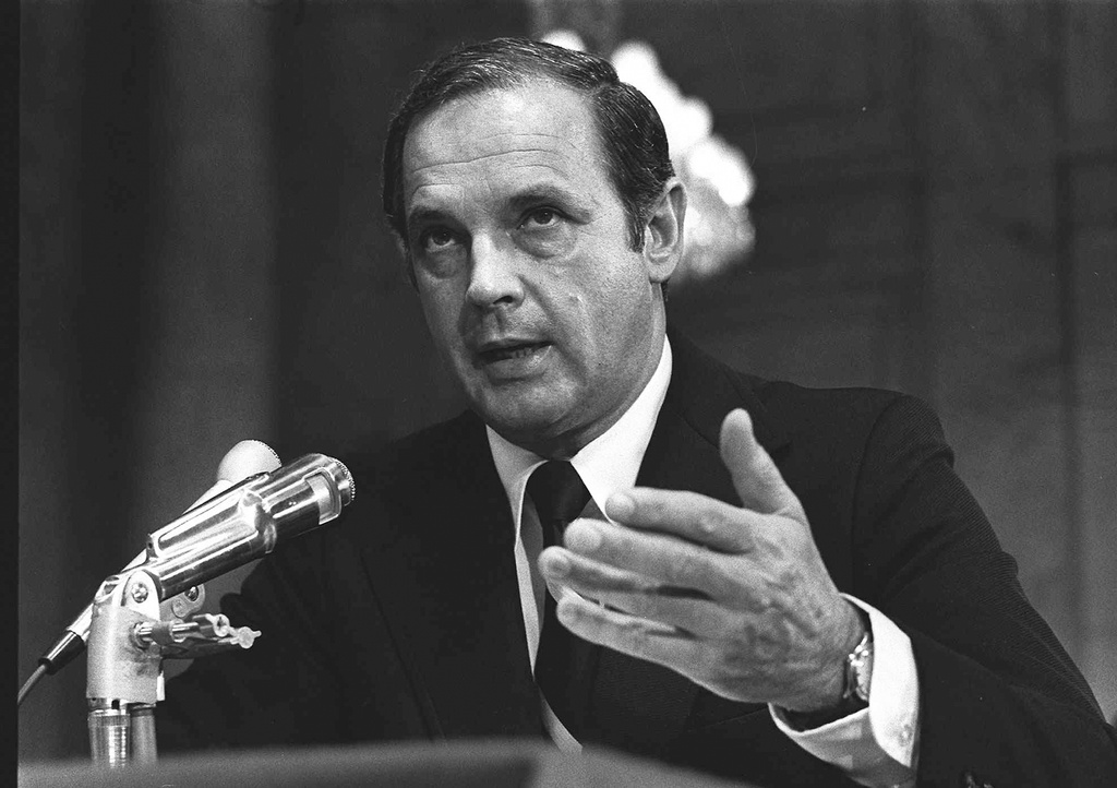FILE - Alexander Butterfield, testifies, July 16, 1973 before the Senate Watergate Committee. Butterfield, the White House aide who inadvertently hastened Richard Nixon’s resignation over the Watergate scandal when he revealed that the president had bugged the Oval Office and Cabinet Room and routinely recorded his conversations, has died. He was 99. (AP Photo/File)
