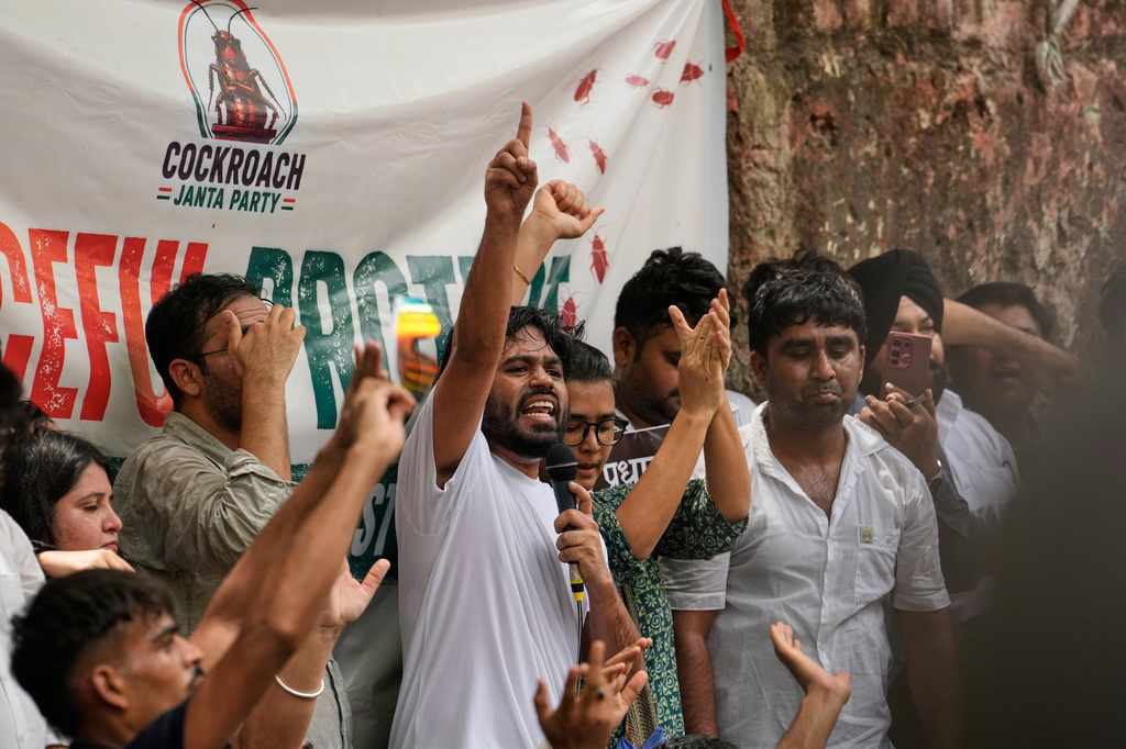 Abhijeet Dipke, center, founder of the Cockroach Janta Party addresses supporters during a protest demonstration in New Delhi, India, Saturday, June 6, 2026. (AP Photo/Manish Swarup)