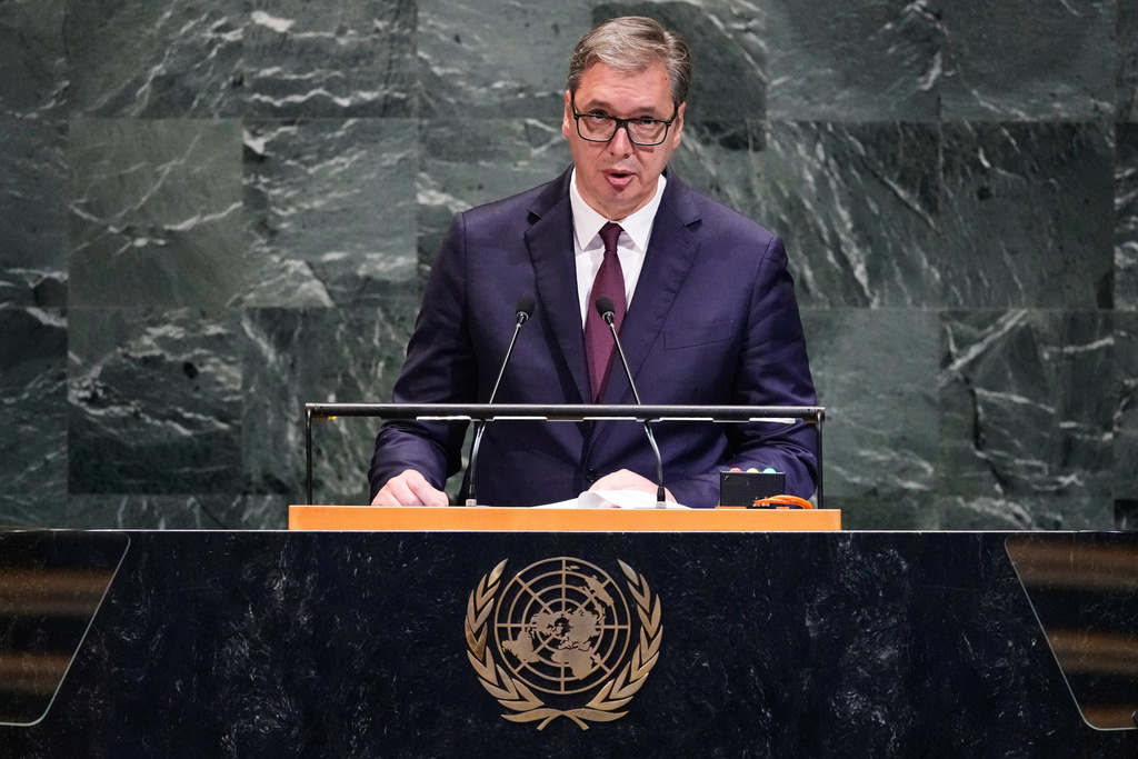 Serbia's President Aleksandar Vucic addresses the 80th session of the United Nations General Assembly, Wednesday, Sept. 24, 2025. (AP Photo/Richard Drew)