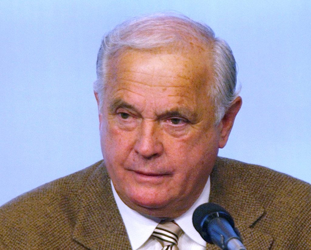 FILE - Alexander Butterfield, former deputy assistant to President Nixon, speaks during the Presidential Tapes Conference at the John F. Kennedy Library and Museum in Boston, Feb. 16, 2003. Butterfield, the White House aide who inadvertently hastened Richard Nixon’s resignation over the Watergate scandal when he revealed that the president had bugged the Oval Office and Cabinet Room and routinely recorded his conversations, has died. He was 99. (AP Photo/Chitose Suzuki, File)