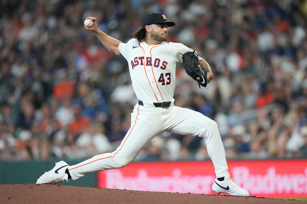 Houston Astros starting pitcher Lance McCullers Jr. throws during the second inning of a baseball game against the Los Angeles Dodgers in Houston, Wednesday, May 6, 2026. (AP Photo/Ashley Landis)