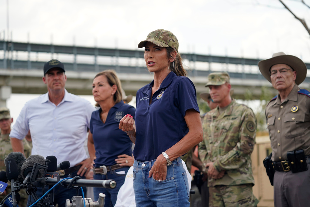 FILE - South Dakota Gov. Kristi Noem gives a news conference along the Rio Grande, Aug. 21, 2023, in Eagle Pass, Texas. (AP Photo/Eric Gay, File)
