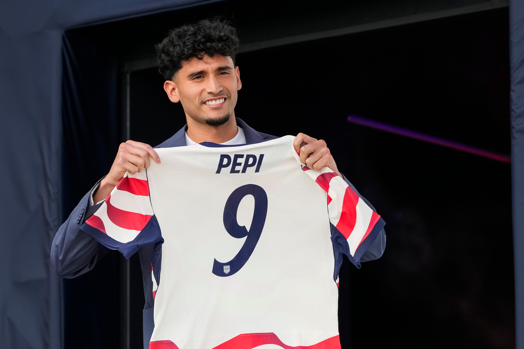 Forward Ricardo Pepi of the United States men's national soccer team is presented during the announcement of the team roster on Tuesday, May 26, 2026, in New York City, ahead of the 2026 FIFA World Cup. (AP Photo/Eduardo Munoz Alvarez)