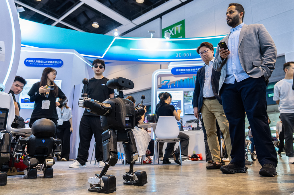 A humanoid robot showcased at an exhibition in Hong Kong on Monday, April 13, 2026. (AP Photo/ Chan Long Hei)