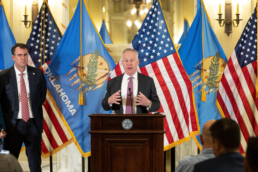 Oklahoma U.S. Senate appointee Alan Armstrong speaks to state leaders, reporters, and friends after he was announced by Oklahoma Governor Kevin Stitt's as his choice to temporarily fill Senator Markwayne Mullin's seat during a press conference at the Oklahoma State Capitol in Oklahoma City, Tuesday, March 24, 2026, Oklahoma City. (AP Photo/Alonzo Adams)