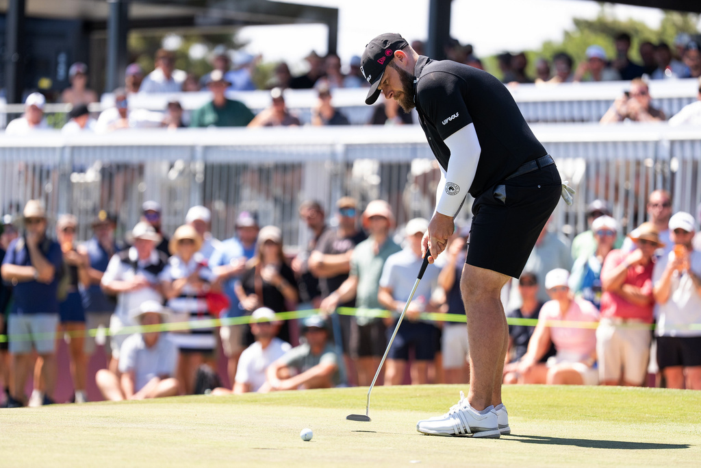 Tyrrell Hatton of Legion XIII makes his putt on the 14th green during the final round of the LIV Golf Adelaide at Grange Golf Club in Adelaide, Australia Sunday, Feb. 15, 2026. (Mateo Villalba/LIV Golf via AP)