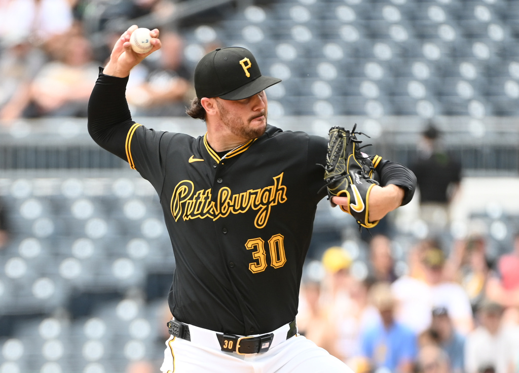 Pittsburgh Pirates starting pitcher Paul Skenes (30) throws to the Miami Marlins during the first inning of a baseball game, Sunday, June 14, 2026, in Pittsburgh. (AP Photo/Philip G. Pavely)