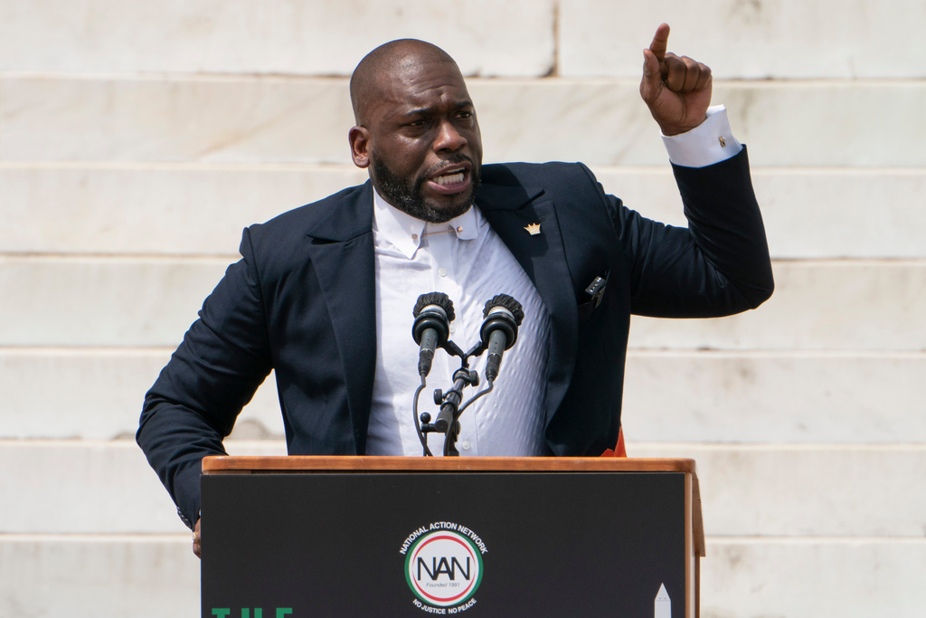 FILE - Jamal Bryant, senior pastor of New Birth Missionary Baptist Church, speaks during the March on Washington, Aug. 28, 2020, on the 57th anniversary of the Rev. Martin Luther King Jr.'s "I Have A Dream" speech, at the Lincoln Memorial in Washington. (AP Photo/Jacquelyn Martin, Pool, File)
