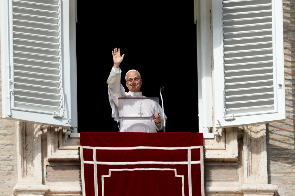 Pope Leo XIV delivers the Angelus noon prayer in St. Peter's Square, at the Vatican, Sunday, Oct. 25, 2026. (AP Photo/Gregorio Borgia)